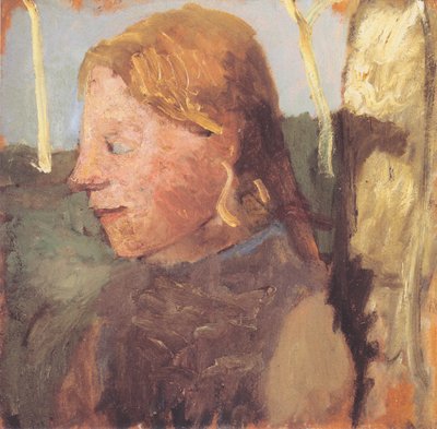 Ritratto di una ragazza di profilo vicino a un tronco di betulla da Paula Modersohn Becker